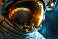 An up-close photograph of a person dressed in a space suit, A detailed image of a gold-plated visor